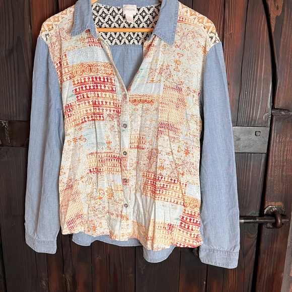 Chico's Tops - Chico’s chambray lace pattern button blouse XL